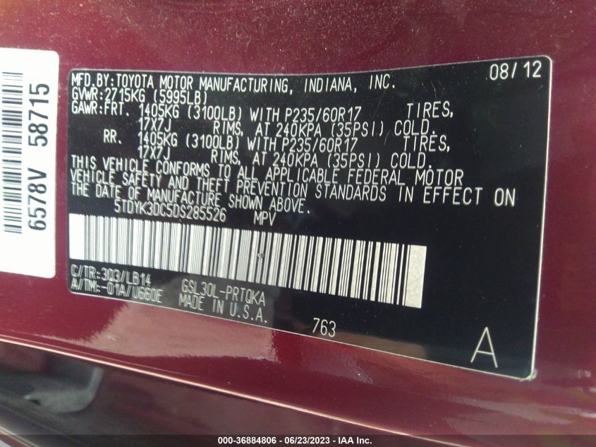 2013 TOYOTA SIENNA XLE AAS/XLE/LTD - 5TDYK3DC5DS285526