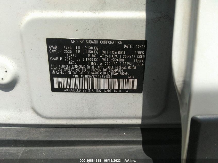 2019 SUBARU OUTBACK LIMITED - 4S4BSANC4K3254853