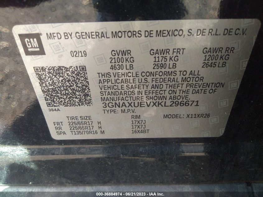 2019 CHEVROLET EQUINOX LT - 3GNAXUEVXKL296671