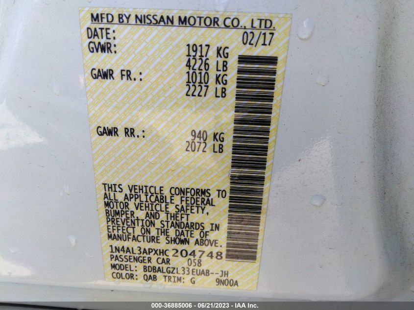 2017 NISSAN ALTIMA 2.5 S - 1N4AL3APXHC204748