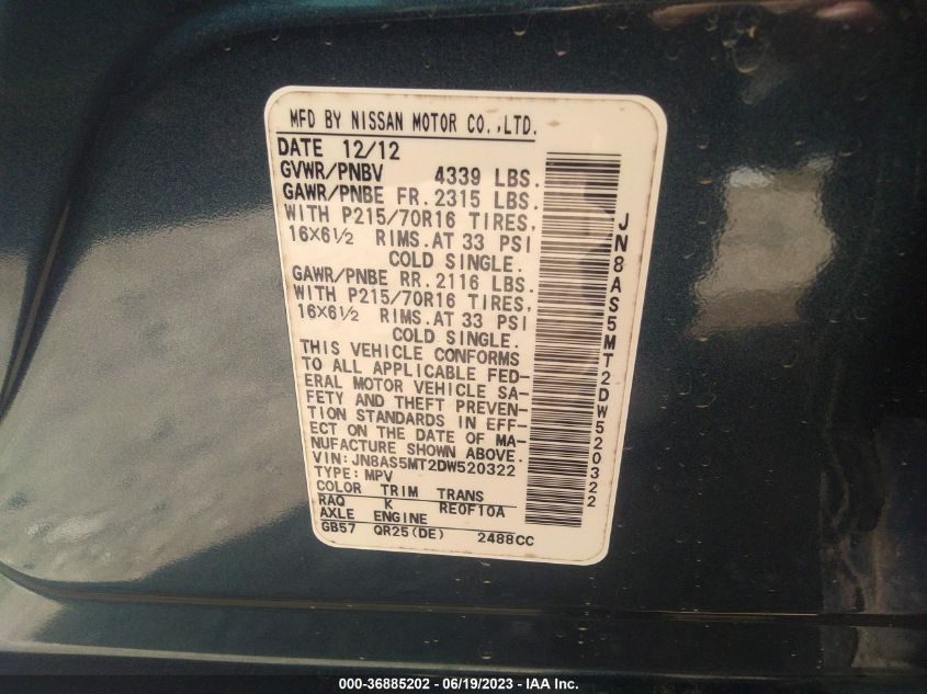 2013 NISSAN ROGUE S - JN8AS5MT2DW520322