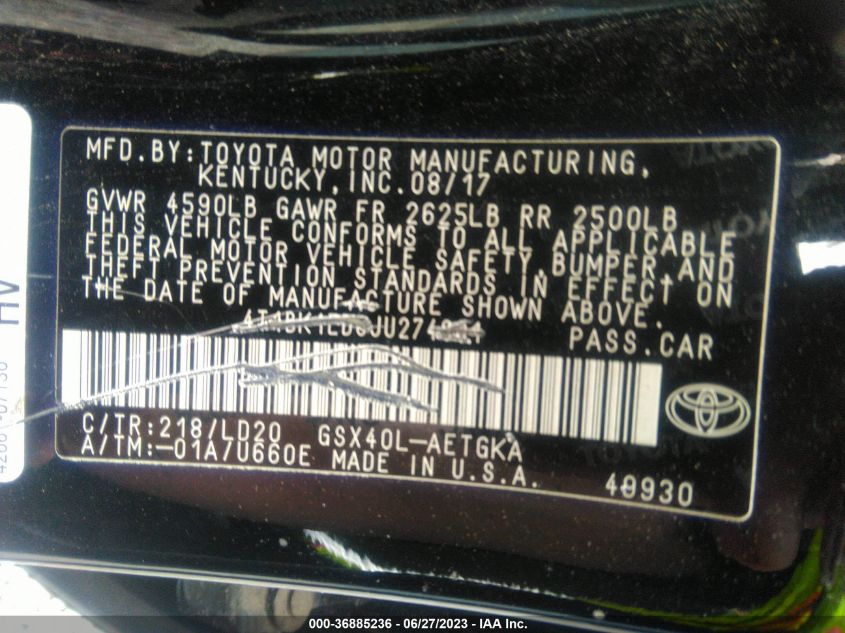 2018 TOYOTA AVALON XLE/XLE PLUS - 4T1BK1EB8JU274801
