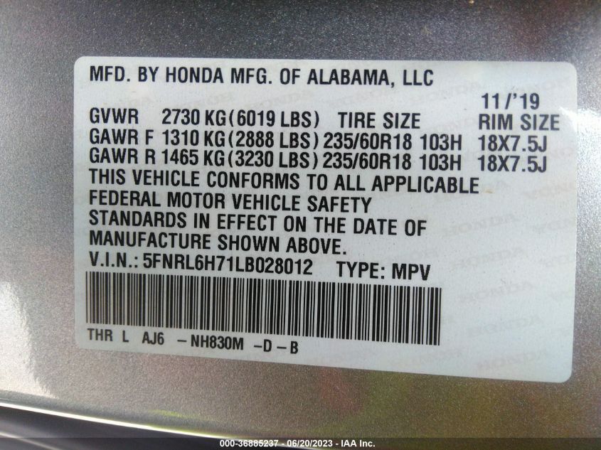 5FNRL6H71LB028012 Honda Odyssey EX-L 9