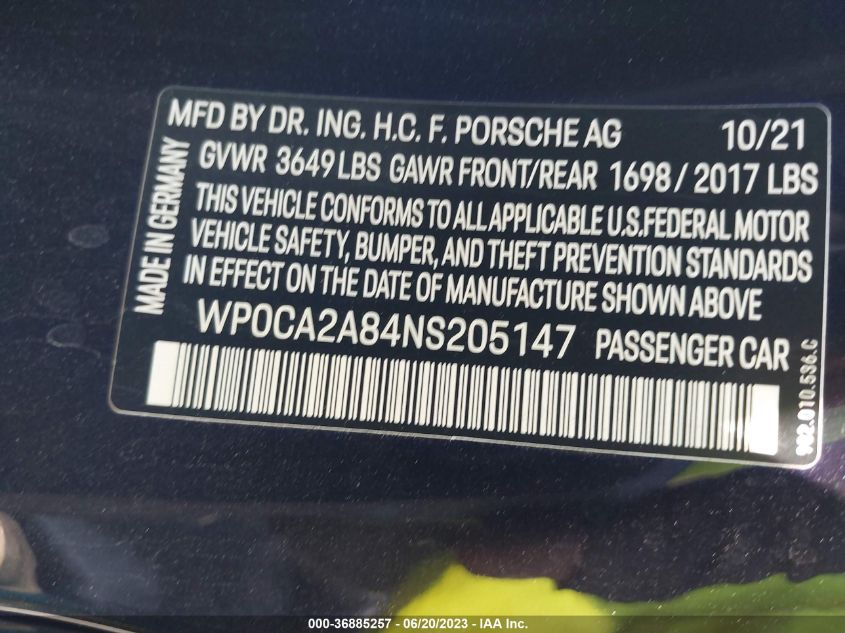 2022 PORSCHE 718 BOXSTER WP0CA2A84NS205147