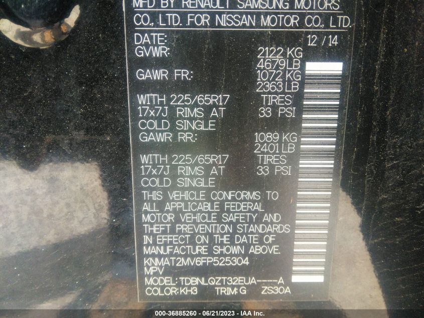 2015 NISSAN ROGUE SV - KNMAT2MV6FP525304
