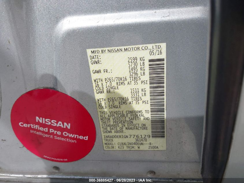 2016 NISSAN FRONTIER S - 1N6AD0ER1GN776129