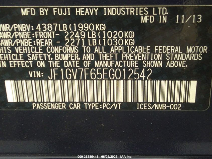 2014 SUBARU IMPREZA SEDAN WRX WRX PREMIUM JF1GV7F65EG012542