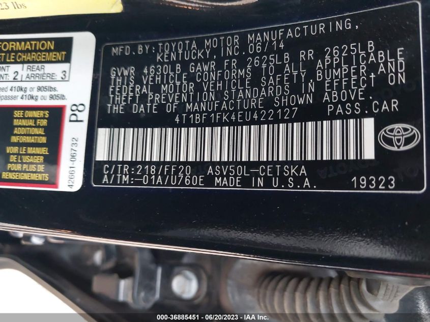 2014 TOYOTA CAMRY L/LE/XLE/SE/SE SPORT - 4T1BF1FK4EU422127