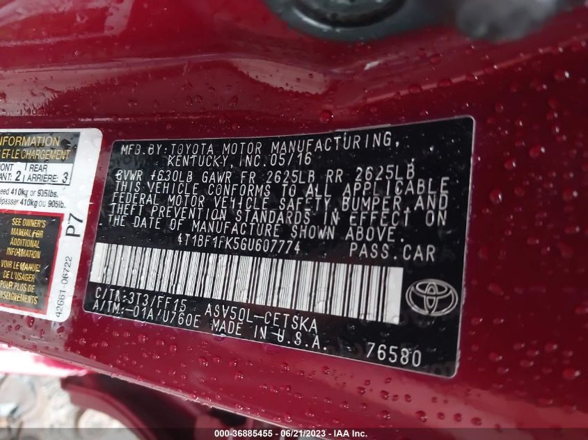 2016 TOYOTA CAMRY XLE/SE/LE/XSE - 4T1BF1FK5GU607774