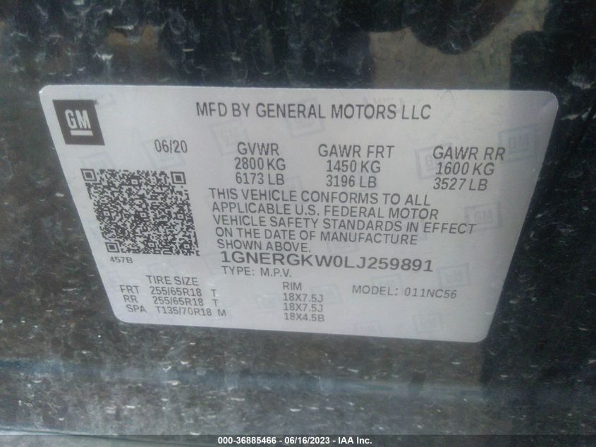 2020 CHEVROLET TRAVERSE LT CLOTH - 1GNERGKW0LJ259891