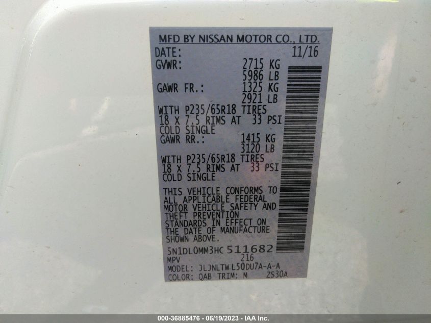 2017 INFINITI QX60 - 5N1DL0MM3HC511682