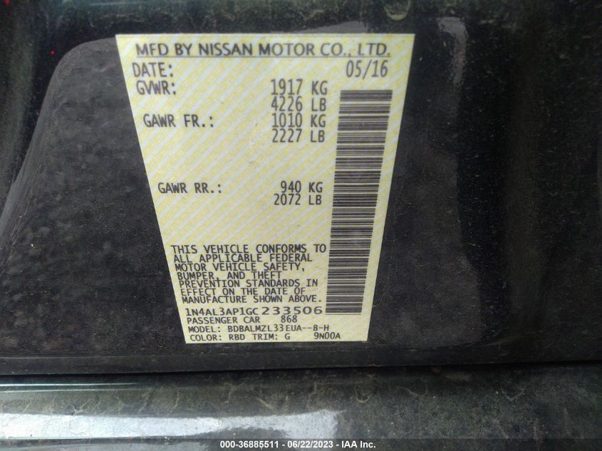 2016 NISSAN ALTIMA 2.5/S/SV/SL/SR - 1N4AL3AP1GC233506