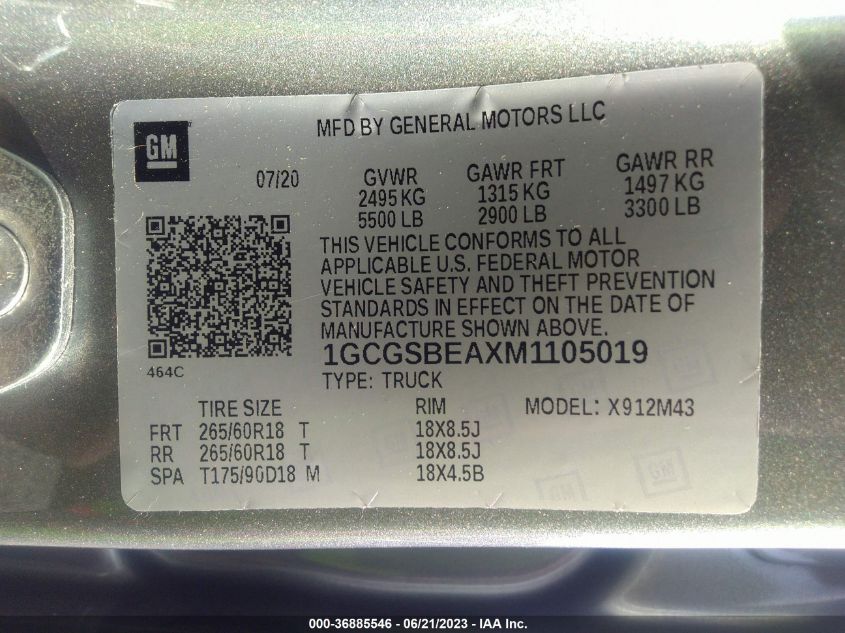 2021 CHEVROLET COLORADO 2WD WORK TRUCK - 1GCGSBEAXM1105019
