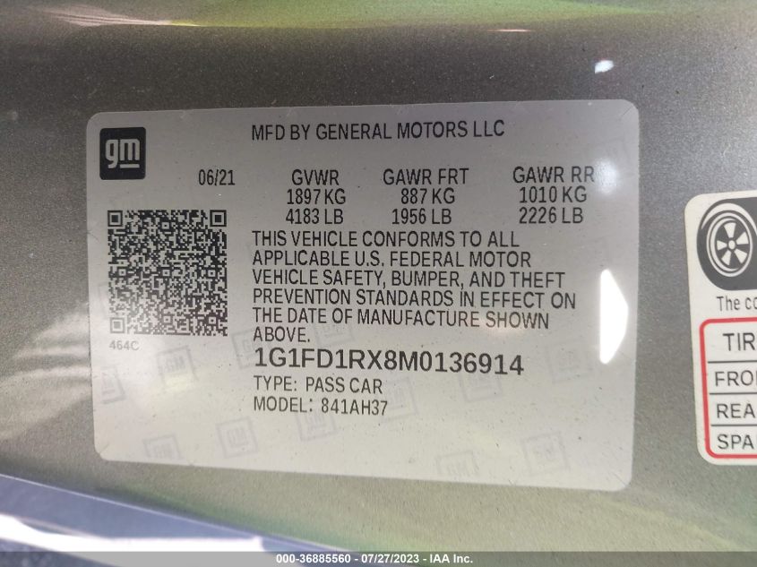 2021 CHEVROLET CAMARO LT - 1G1FD1RX8M0136914