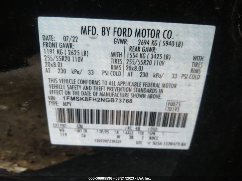 2022 FORD EXPLORER LIMITED - 1FMSK8FH2NGB73768