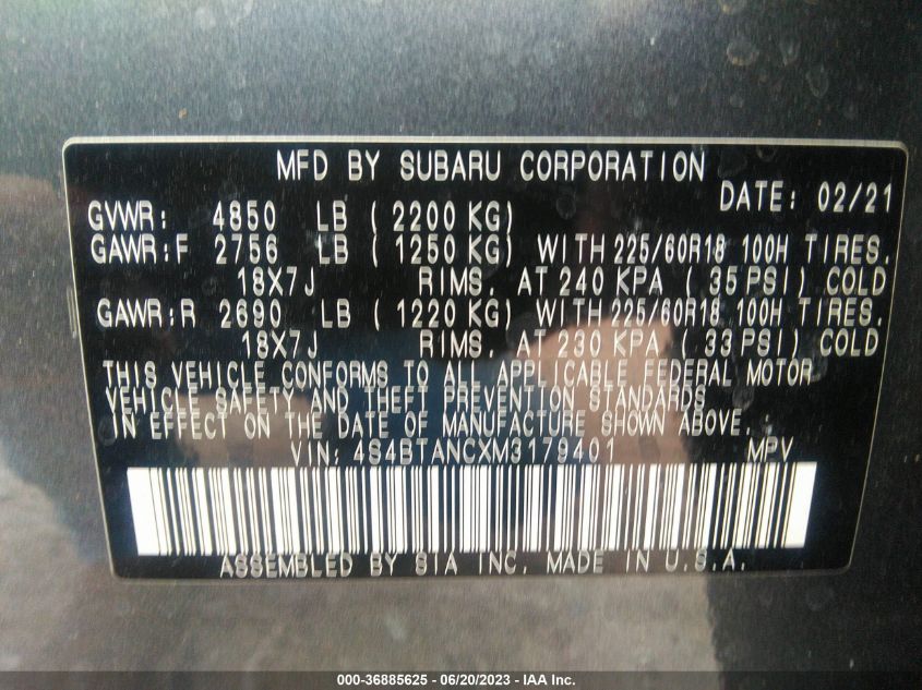 2021 SUBARU OUTBACK LIMITED - 4S4BTANCXM3179401