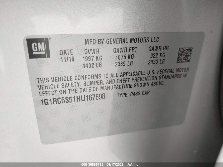 2017 CHEVROLET VOLT LT - 1G1RC6S51HU167698