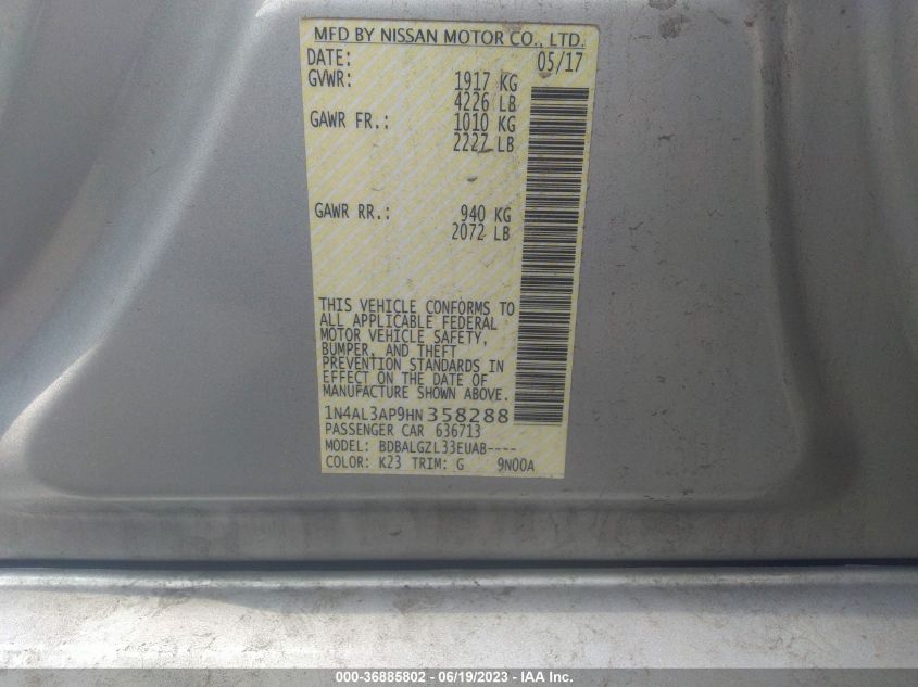 2017 NISSAN ALTIMA 2.5/S/SV/SL/SR - 1N4AL3AP9HN358288