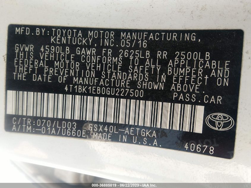2016 TOYOTA AVALON LIMITED/TOURING/XLE - 4T1BK1EB0GU227500
