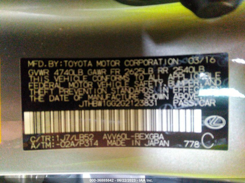 2016 LEXUS ES 300H HYBRID - JTHBW1GG2G2123831