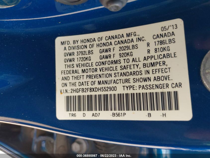 2013 HONDA CIVIC SDN EX - 2HGFB2F8XDH552900