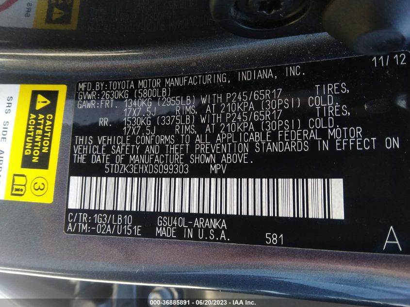 2013 TOYOTA HIGHLANDER - 5TDZK3EHXDS099303