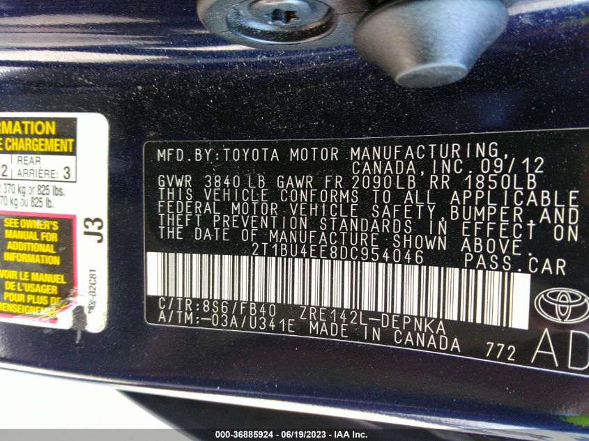 2013 TOYOTA COROLLA L/LE/S - 2T1BU4EE8DC954046