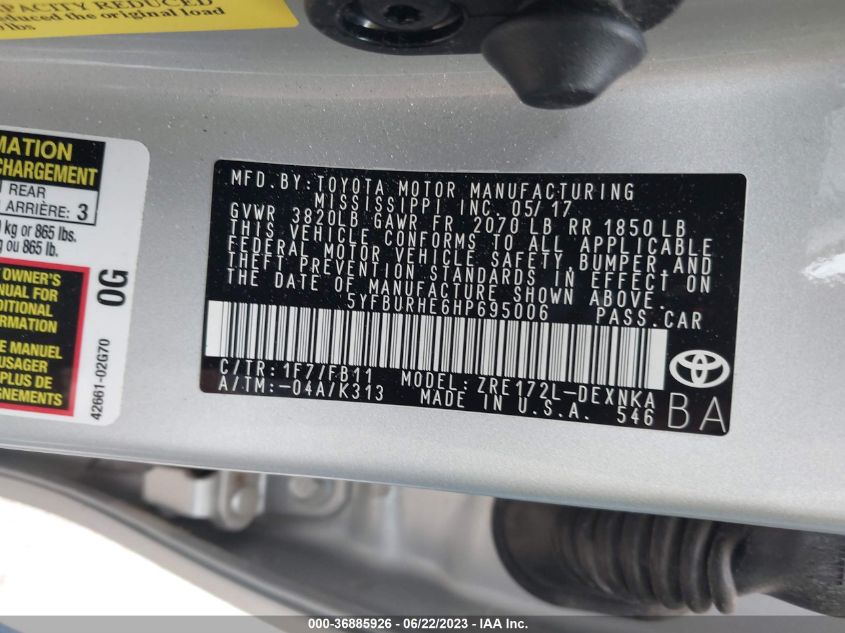 2017 TOYOTA COROLLA L/LE/XLE/SE - 5YFBURHE6HP695006