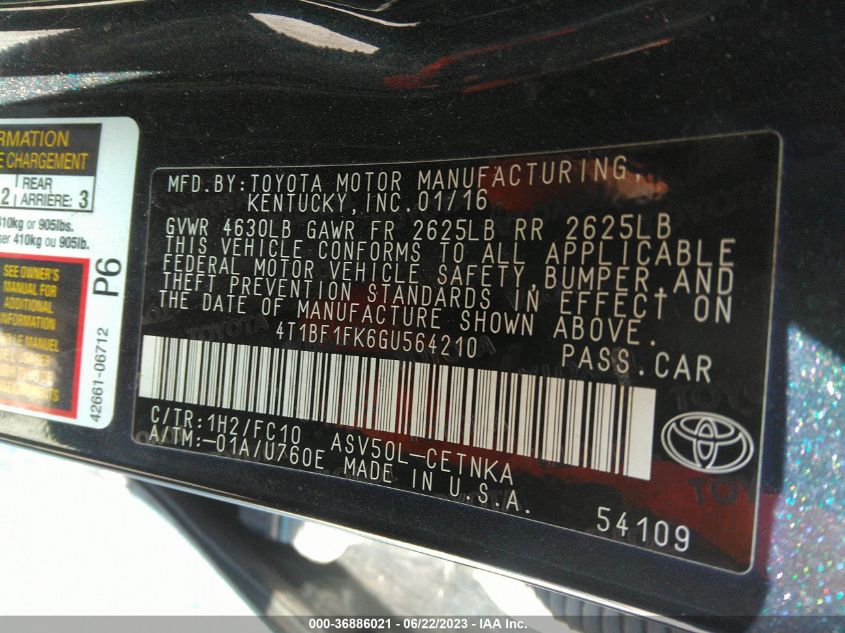 2016 TOYOTA CAMRY LE/XLE/SE/XSE - 4T1BF1FK6GU564210