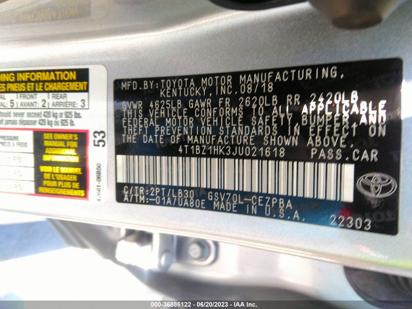 2018 TOYOTA CAMRY V6 - 4T1BZ1HK3JU021618