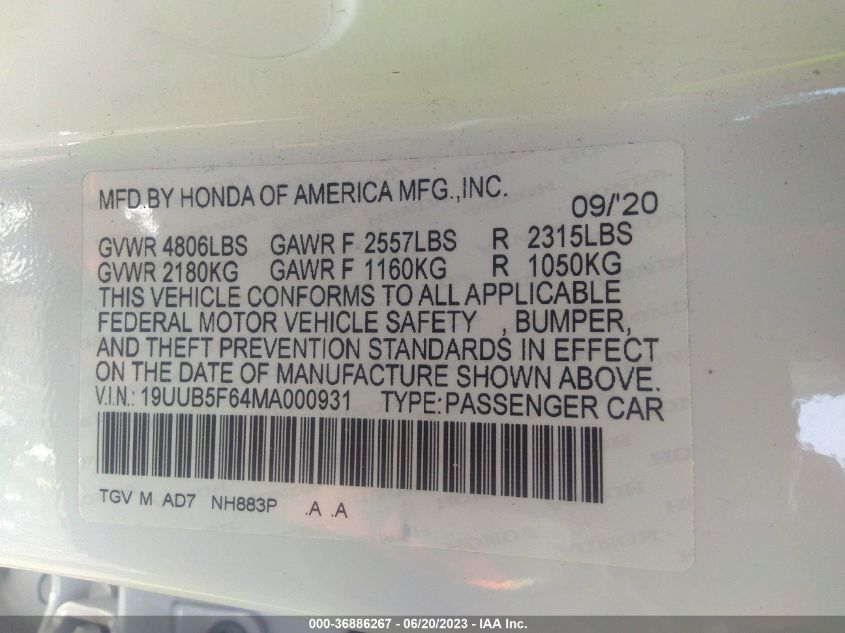 2021 ACURA TLX W/ADVANCE PACKAGE - 19UUB5F64MA000931