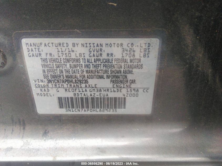 2017 NISSAN VERSA SEDAN S PLUS - 3N1CN7AP0HL829235