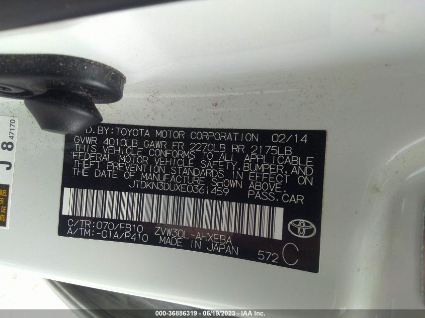 2014 TOYOTA PRIUS FOUR/FIVE/THREE/ONE/TWO - JTDKN3DUXE0361459