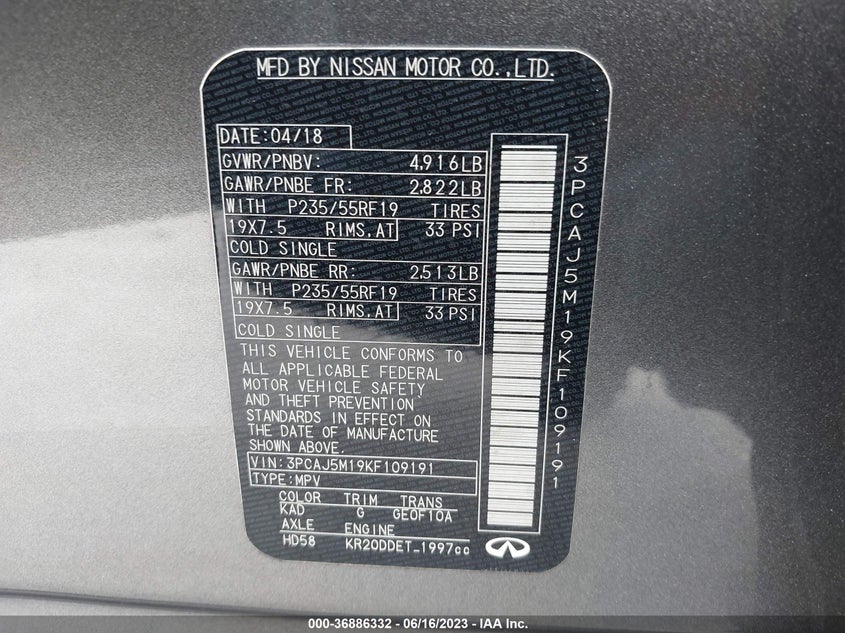 VIN 3PCAJ5M19KF109191 2019 INFINITI QX50 ESSENTIAL