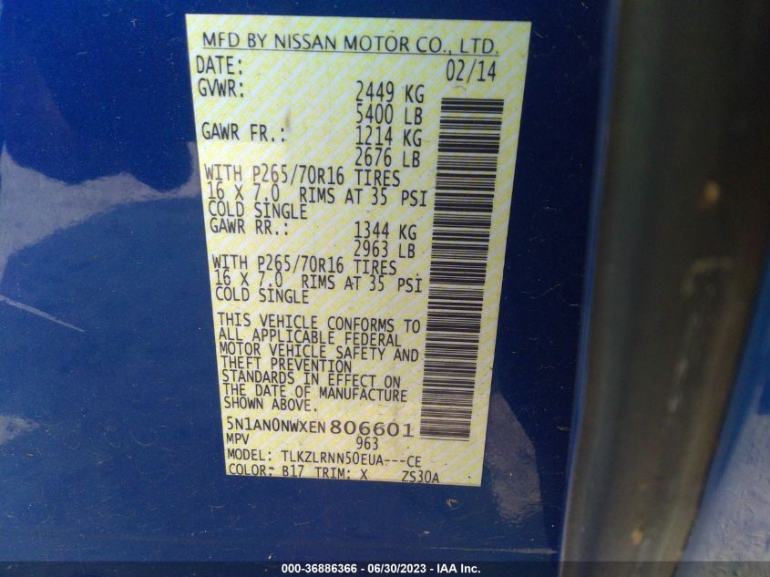 2014 NISSAN XTERRA X/S/PRO-4X - 5N1AN0NWXEN806601