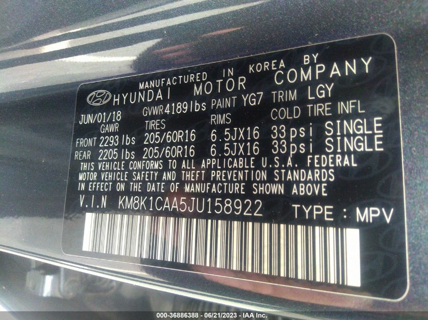 2018 HYUNDAI KONA SE - KM8K1CAA5JU158922