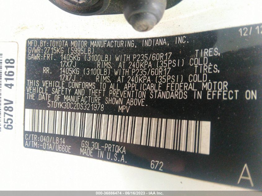 2013 TOYOTA SIENNA XLE AAS/XLE/LTD - 5TDYK3DC2DS321978