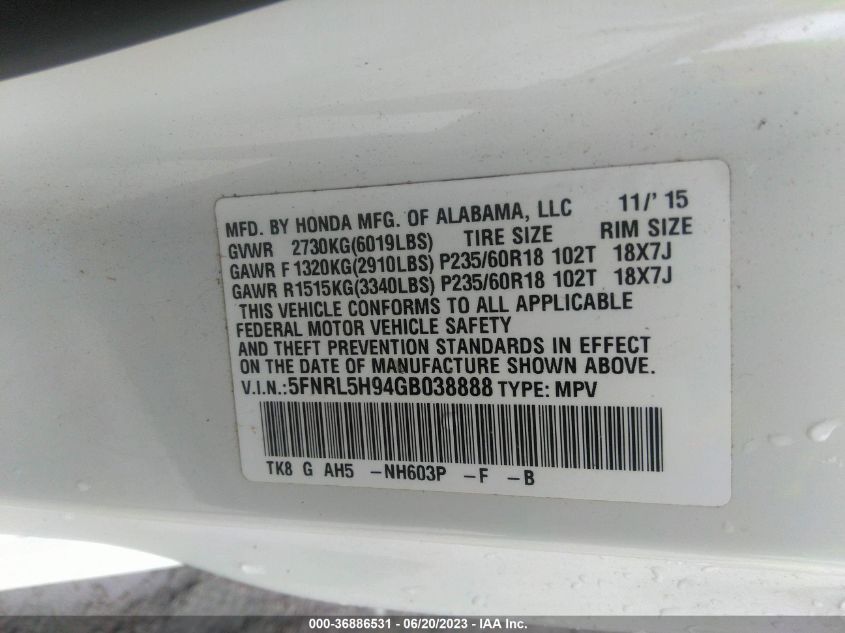 2016 HONDA ODYSSEY TOURING - 5FNRL5H94GB038888