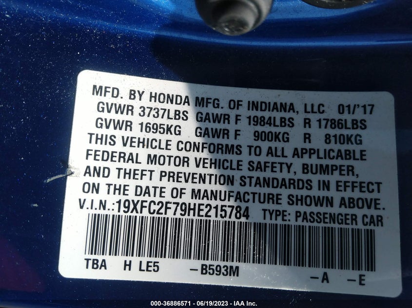 VIN 19XFC2F79HE215784 2017 HONDA CIVIC SEDAN EX