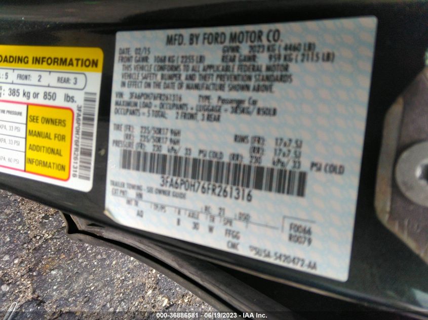 2015 FORD FUSION SE - 3FA6P0H76FR261316