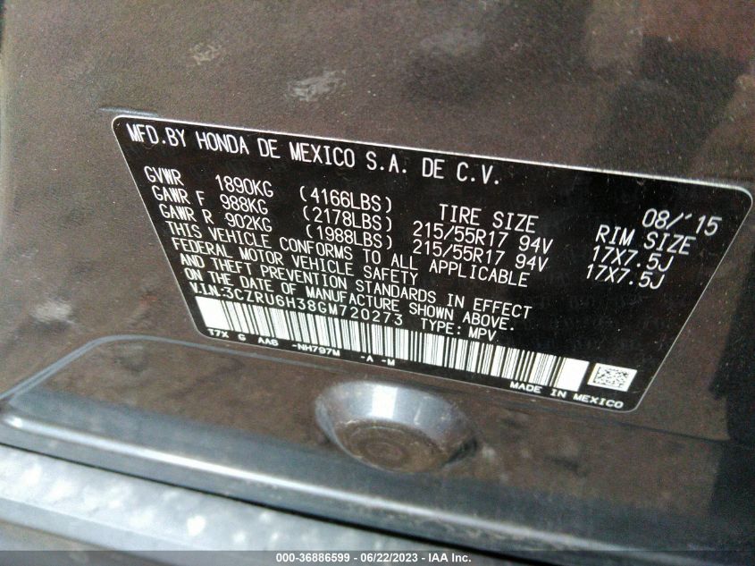 2016 HONDA HR-V LX - 3CZRU6H38GM720273