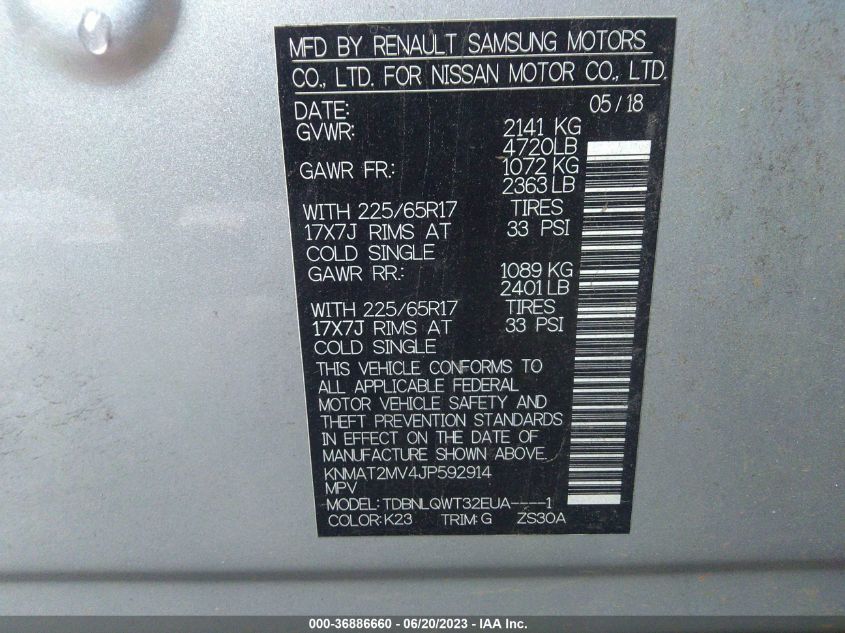 2018 NISSAN ROGUE SV - KNMAT2MV4JP592914