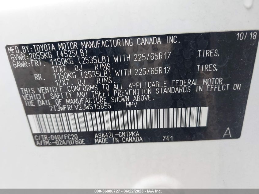 2018 TOYOTA RAV4 ADVENTURE/XLE - 2T3WFREV2JW515855