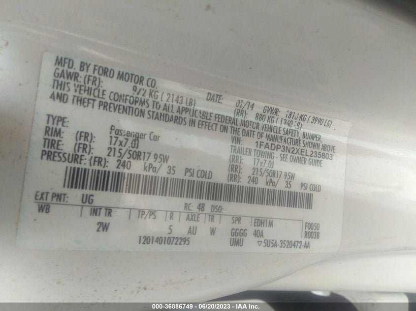 2014 FORD FOCUS VIN: 1FADP3N2XEL235803