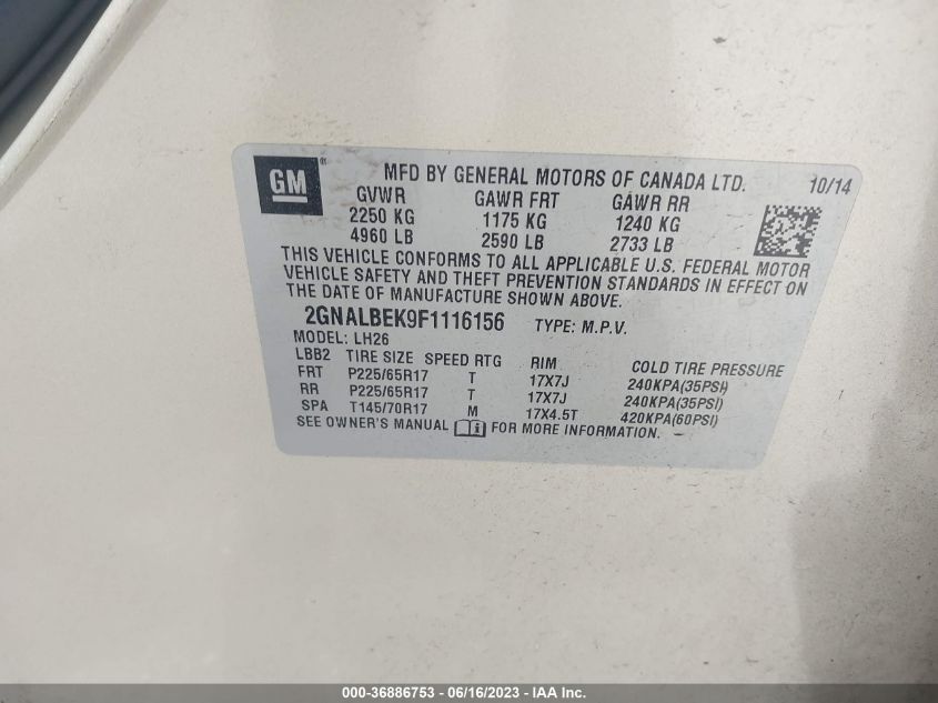 2015 CHEVROLET EQUINOX LT - 2GNALBEK9F1116156