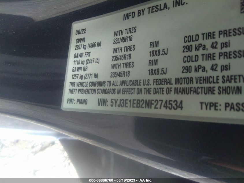 2022 TESLA MODEL 3 - 5YJ3E1EB2NF274534