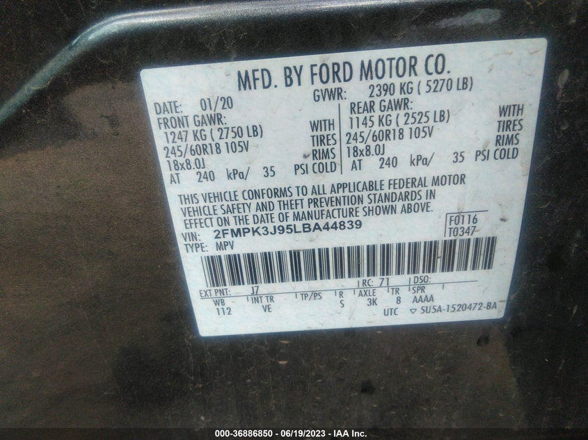 VIN 2FMPK3J95LBA44839 2020 FORD EDGE SEL/ST LINE