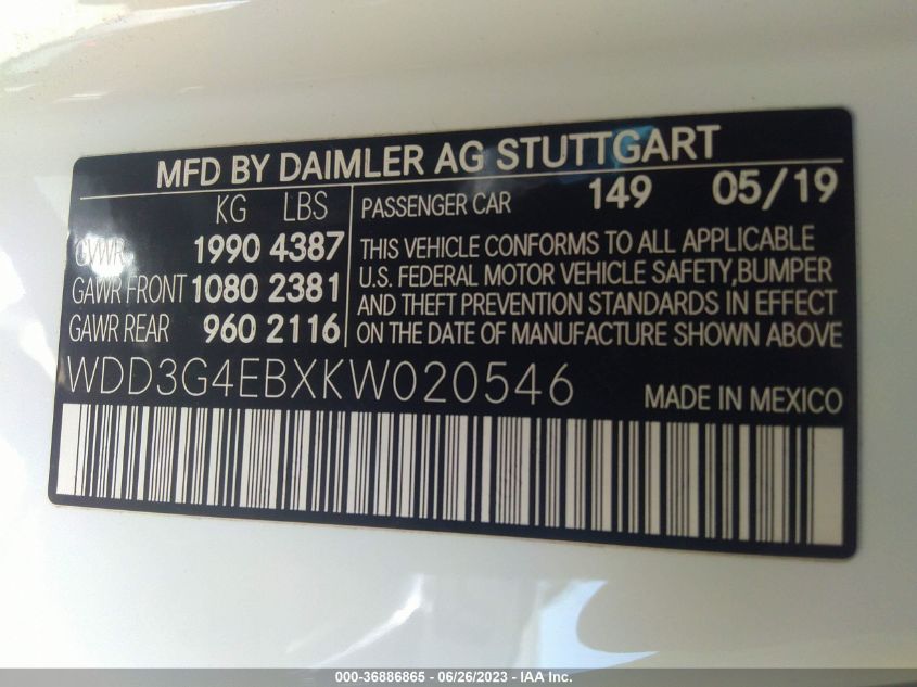 2019 MERCEDES-BENZ A 220 WDD3G4EBXKW020546