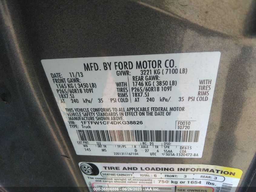 2013 FORD F-150 XL/XLT/FX2/LARIAT - 1FTFW1CF4DKG38826