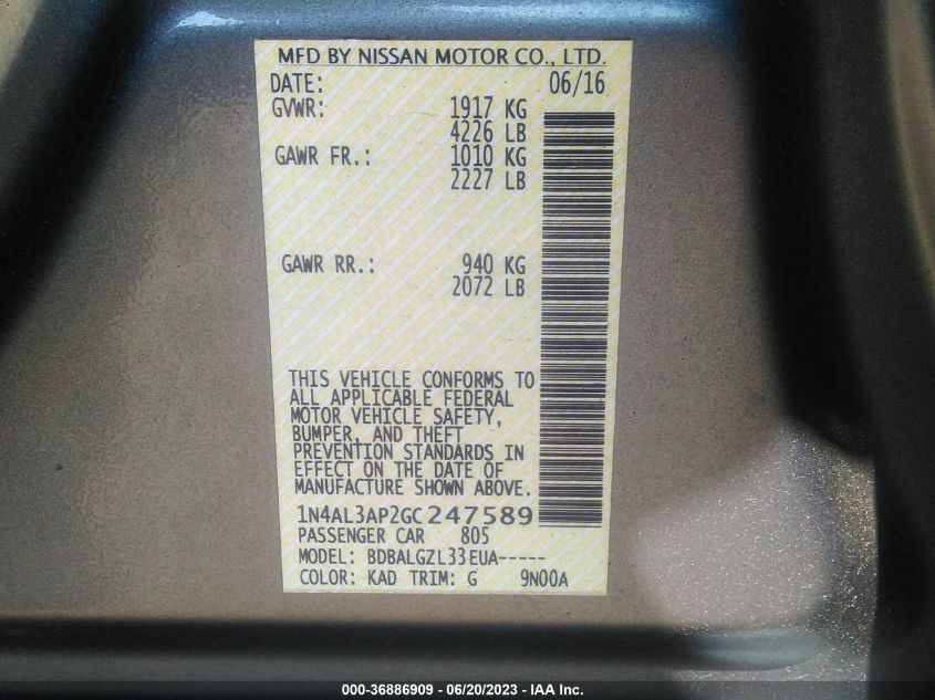 2016 NISSAN ALTIMA 2.5 - 1N4AL3AP2GC247589